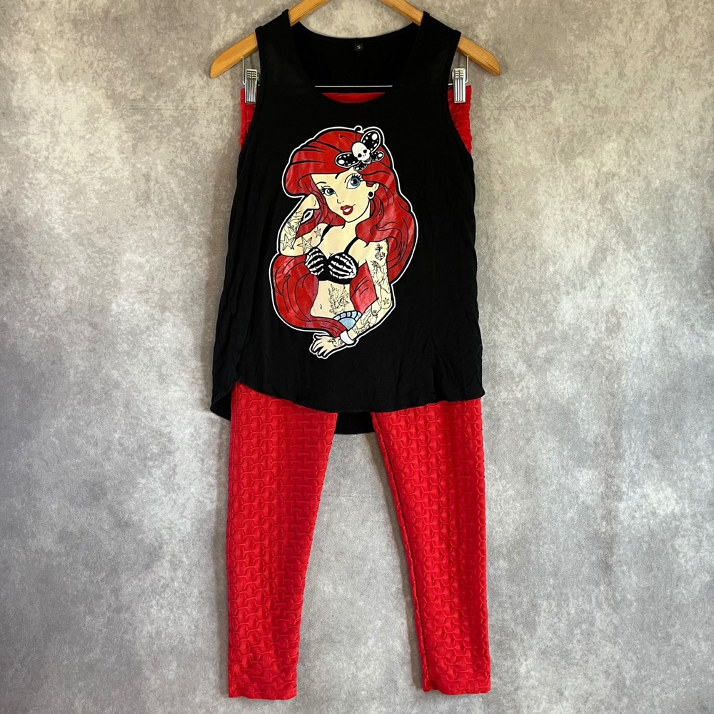 Disney Ariel Tattoo Graphic Tank Women Small Black & Red Honeycomb Leggings Set